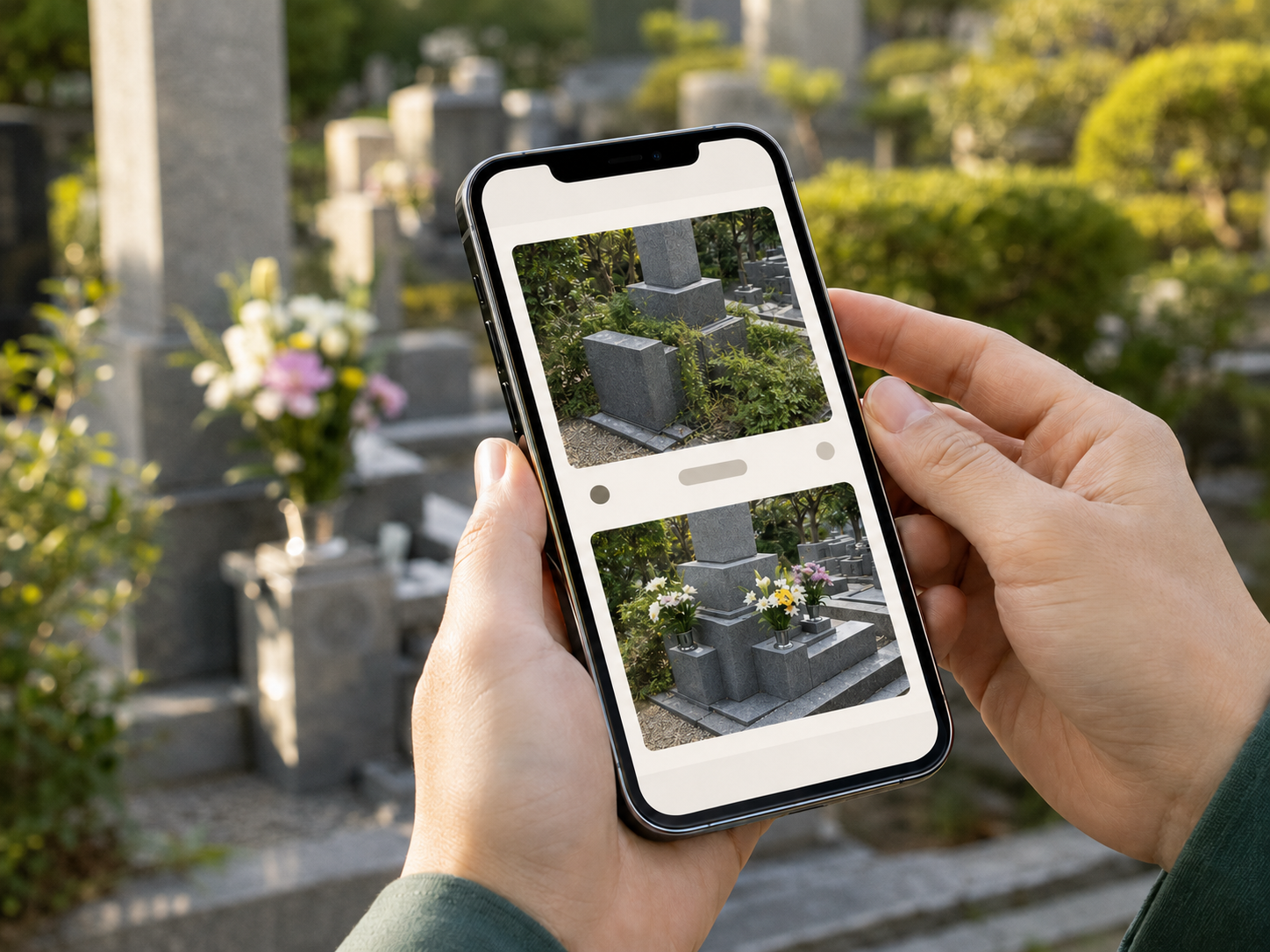 スマートフォンで写真報告を確認する様子